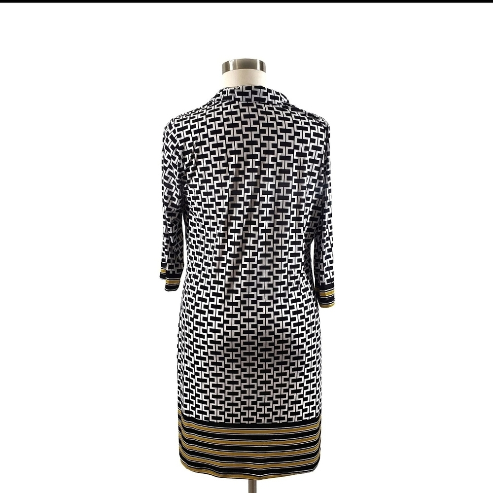 Mlle Gabrielle Black White Geometric Print Dress Yellow Trim 3/4 Sleeves - Picture 5 of 6